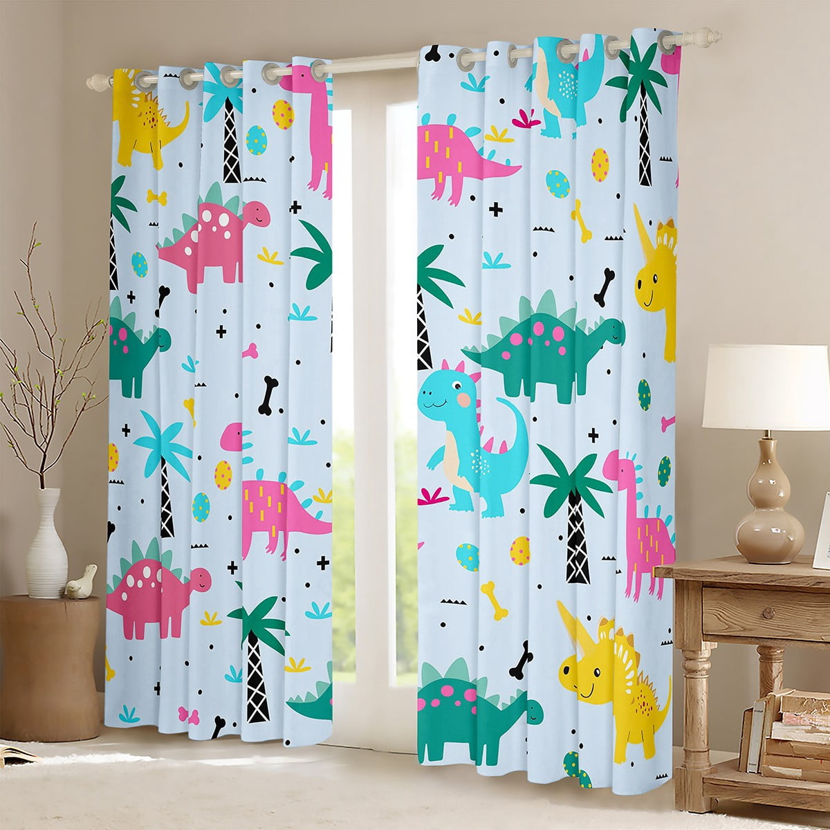 jejeloiu Cute Dinosaur Blackout Curtains Set of 2 (52x84 Each),Zoo Animal Window Curtains,Blue Pink Green Curtains and Drapes For Boys,Ultra Soft Room Decoration