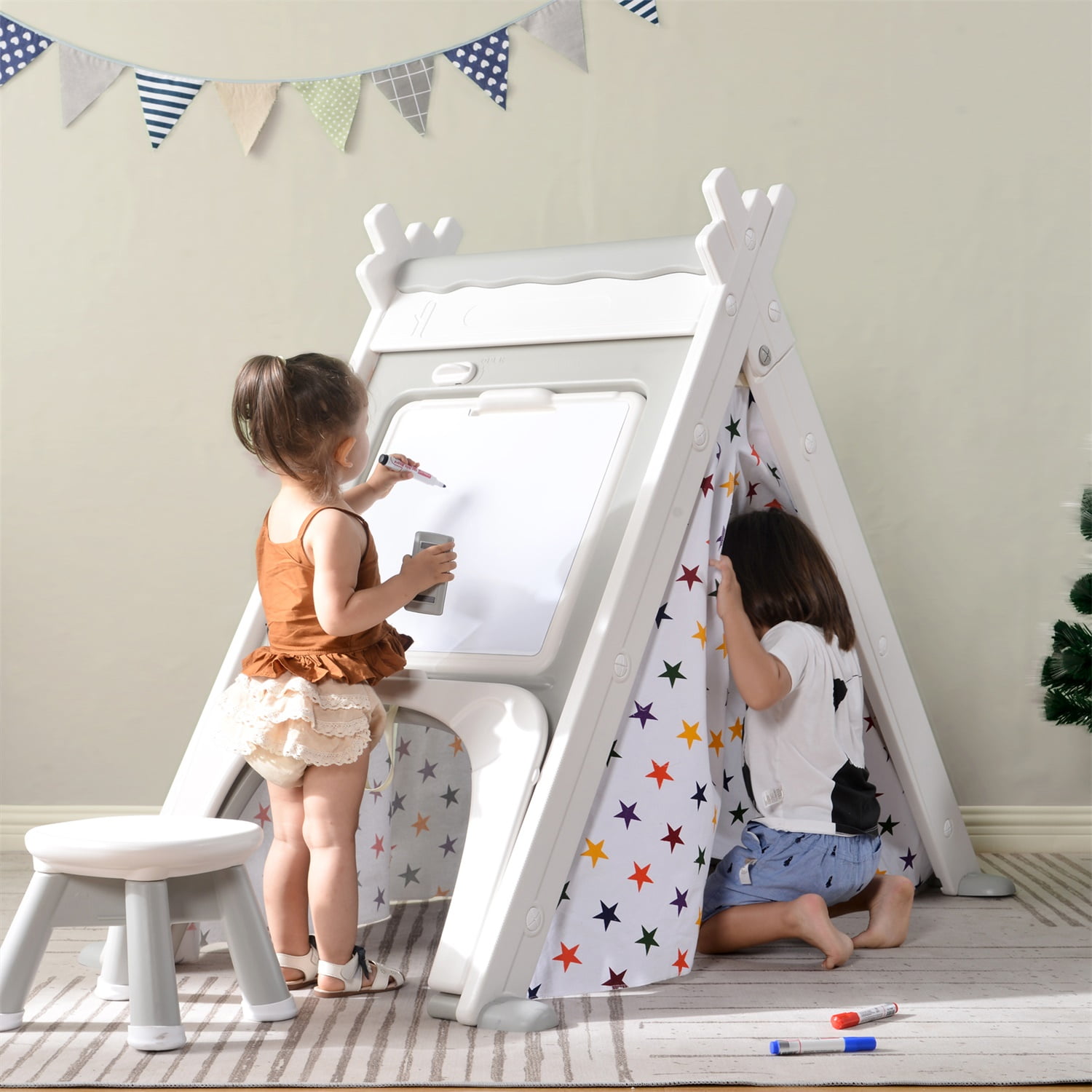 CIPACHO 4-in-1 Kids Play Tent with Stool, Climber, Foldable Playhouse for Boys Girls, Gray