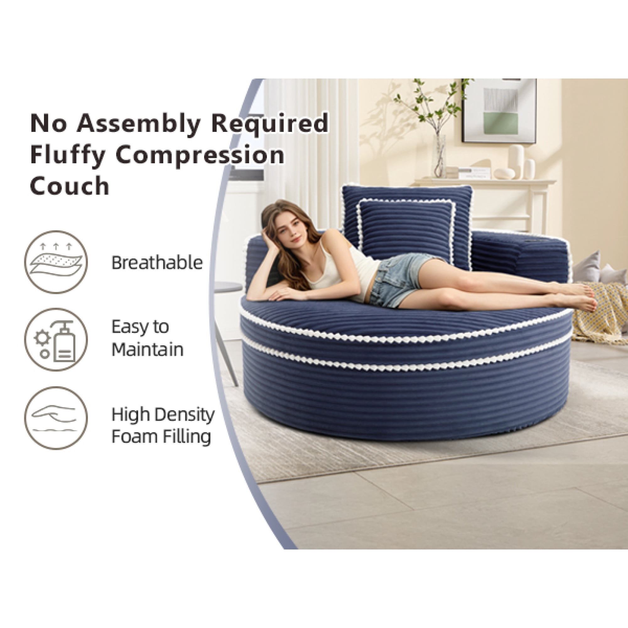 Leumius Oversized Round Chaise Lounge Chair Indoor, Upholstered Sofa Bed With Deep Seat and Cupholders,Cozy Boneless Chaise with High Density Memory Foam for Living Room,No Assembly,Blue