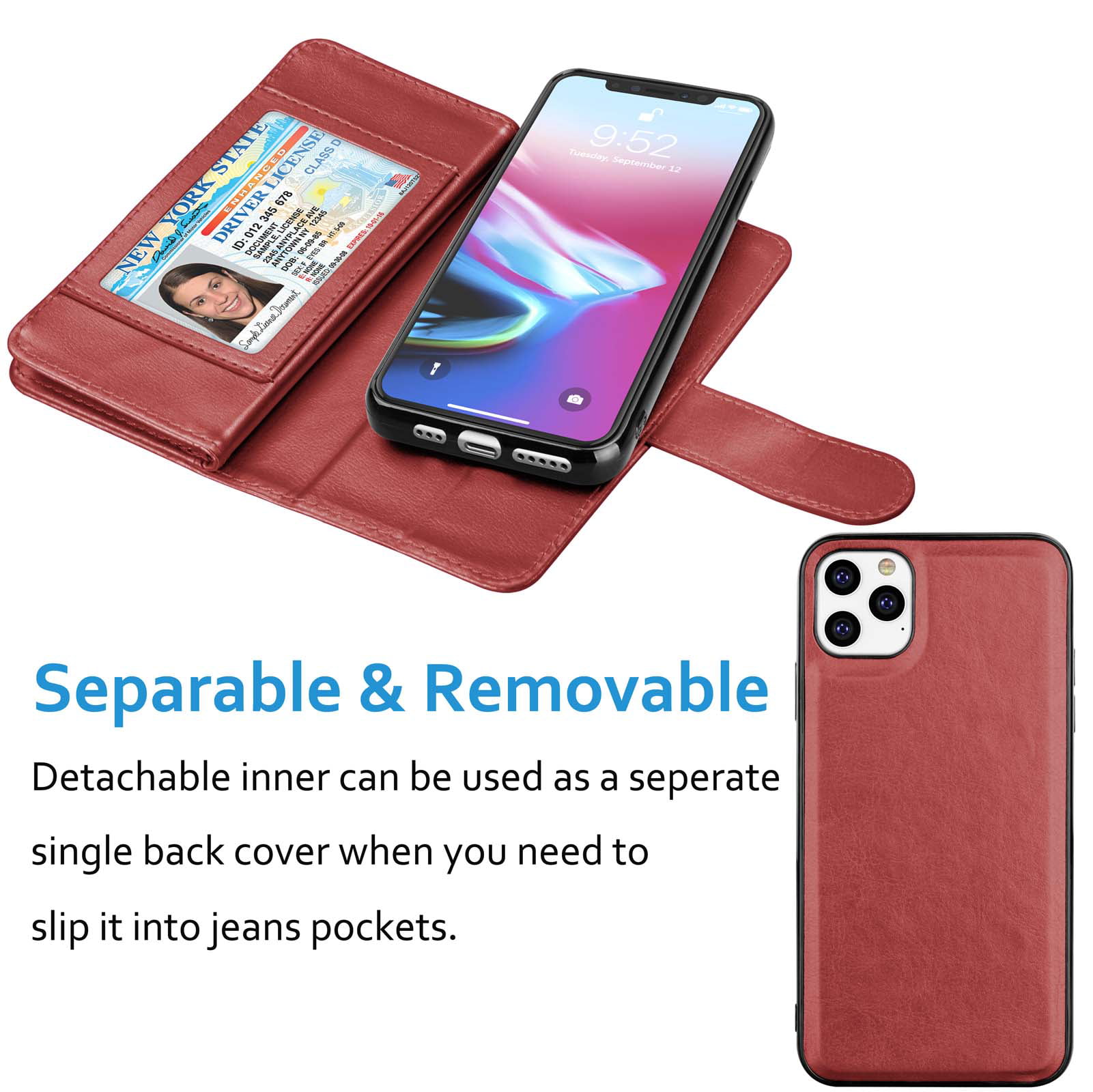 HARDISTON Genuine Leather Handmade Wallet Case Compatible with iPhone 11 6.1'' - Detachable Strong Magnetic Flip Cover with Card Holders 