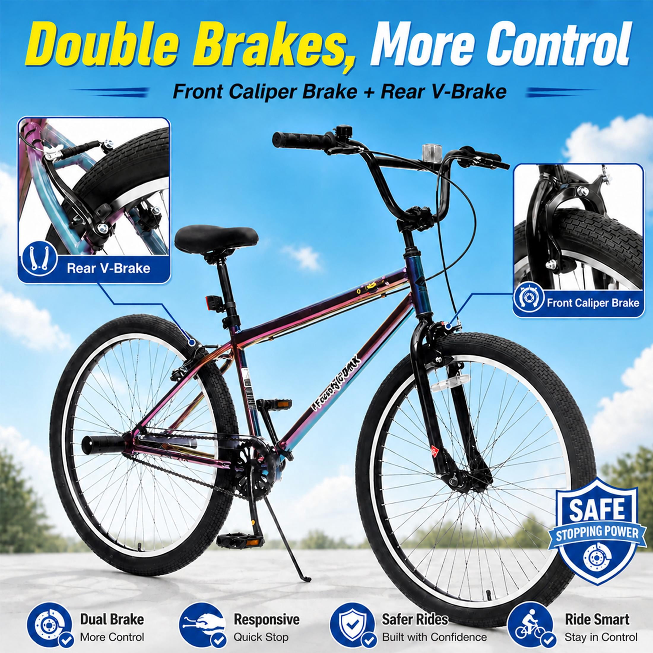 26 Inch Freestyle Bike for Teens and Adults, Single-Speed Mountain Bike with Carbon Steel Frame and 2 BMX Pegs, Front Caliper and Rear V Brakes, Colorful Outdoor Bicycle for Riders 5'4"-6'2"