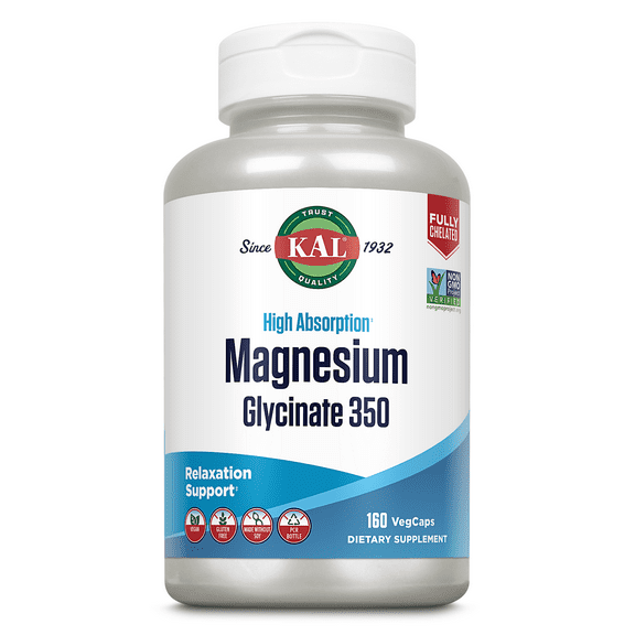 KAL Magnesium Glycinate High Absorption, Healthy Relaxation, Muscle Function & Bone Support, New & Improved, 160 VegCaps