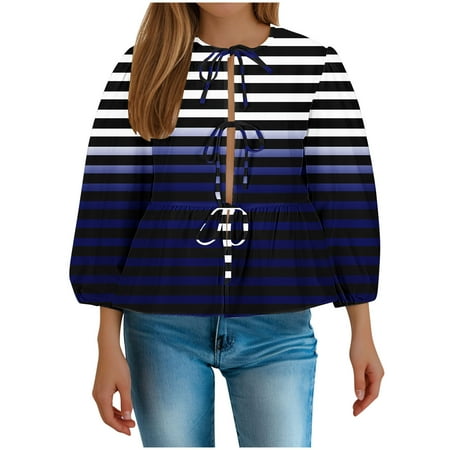 BUIgtTklOP no boundaries Womens Tie Bow Front Peplum Tops Babydoll Long Sleeve Summer Stripe Ruffle Blouse Lace Up Plus Size Shirts