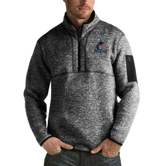 Men's Antigua Heathered Black Miami Marlins Fortune Half-Zip Sweater