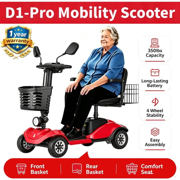 4 Wheel Mobility Scooter for Seniors&Adults,15 Miles, Foldable Electric Mobility Scooter, Powered Electric Wheelchair Device for Adults 350 lbs,LED Lights,Basket,Compact Mobile for Travel