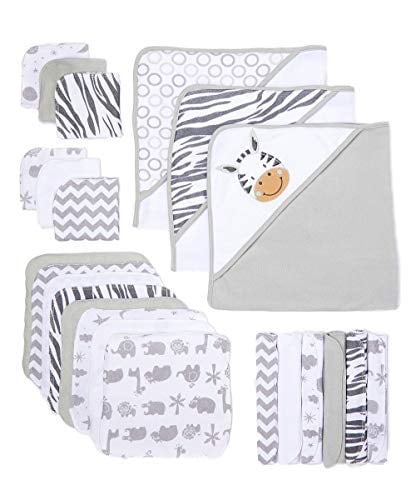 Spasilk Bath Hooded Towels & Washcloths Set for Babies, 23-Piece Gift Set, White Zebra