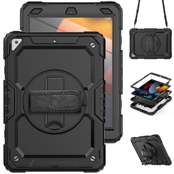 Case for iPad Air 3rd Generation 2019/iPad Pro 10.5 Inch 2017 with Screen Protector, 360 Degree Rotating Kickstand Hand Strap Heavy Duty Shockproof Cover with Shoulder Strap, Black