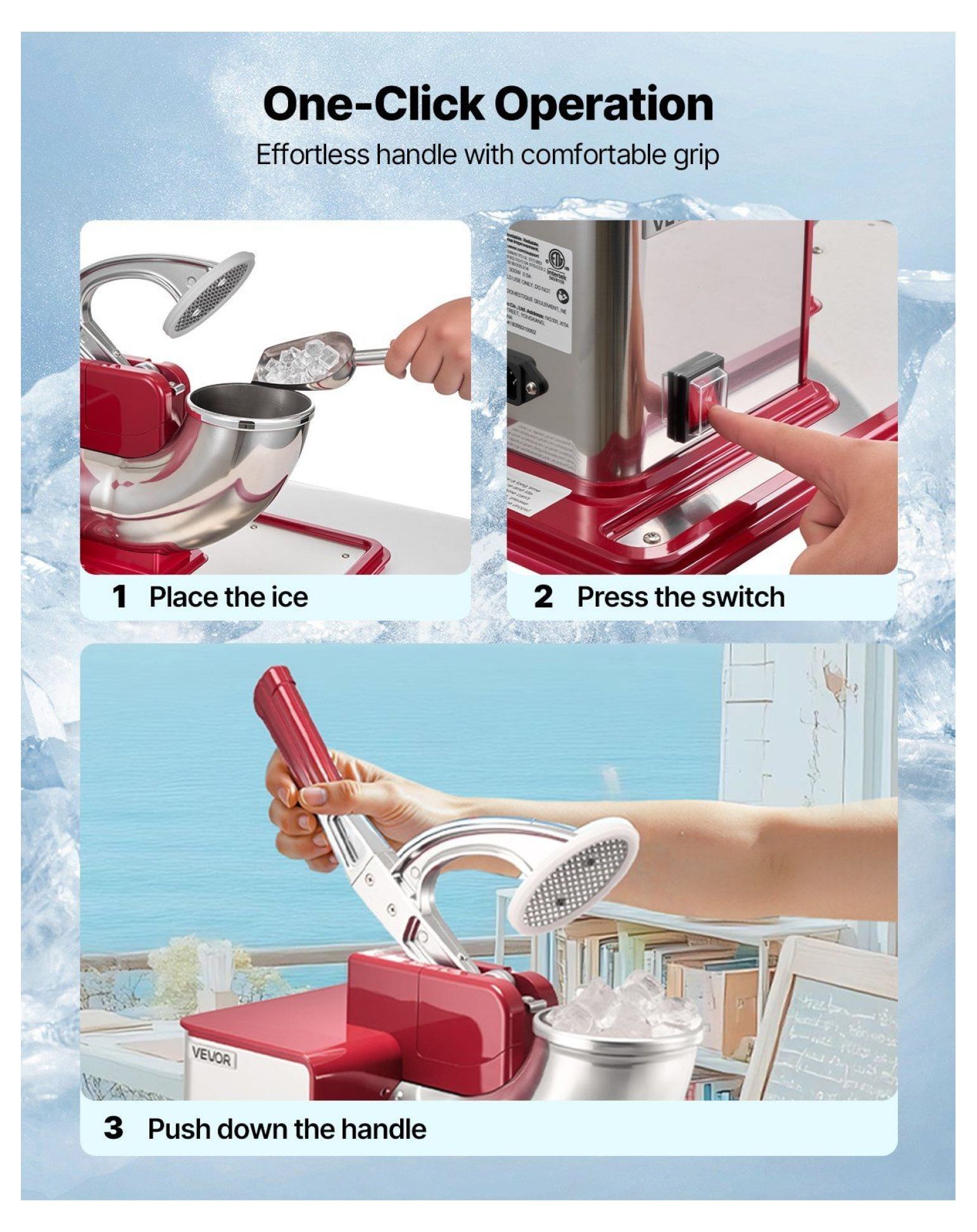 Commercial Ice Crusher 661LBS/H Electric Snow Cone Maker - Heavy Duty Shaved Ice Machine - 50L Capacity - Red