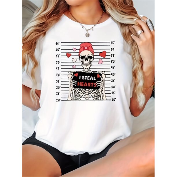 Camiseta de algodón con estampado de calavera y corazones para mujer, cuello redondo, manga corta, tejido de punto ligeramente elástico, corte regular, ideal para todas las estaciones.