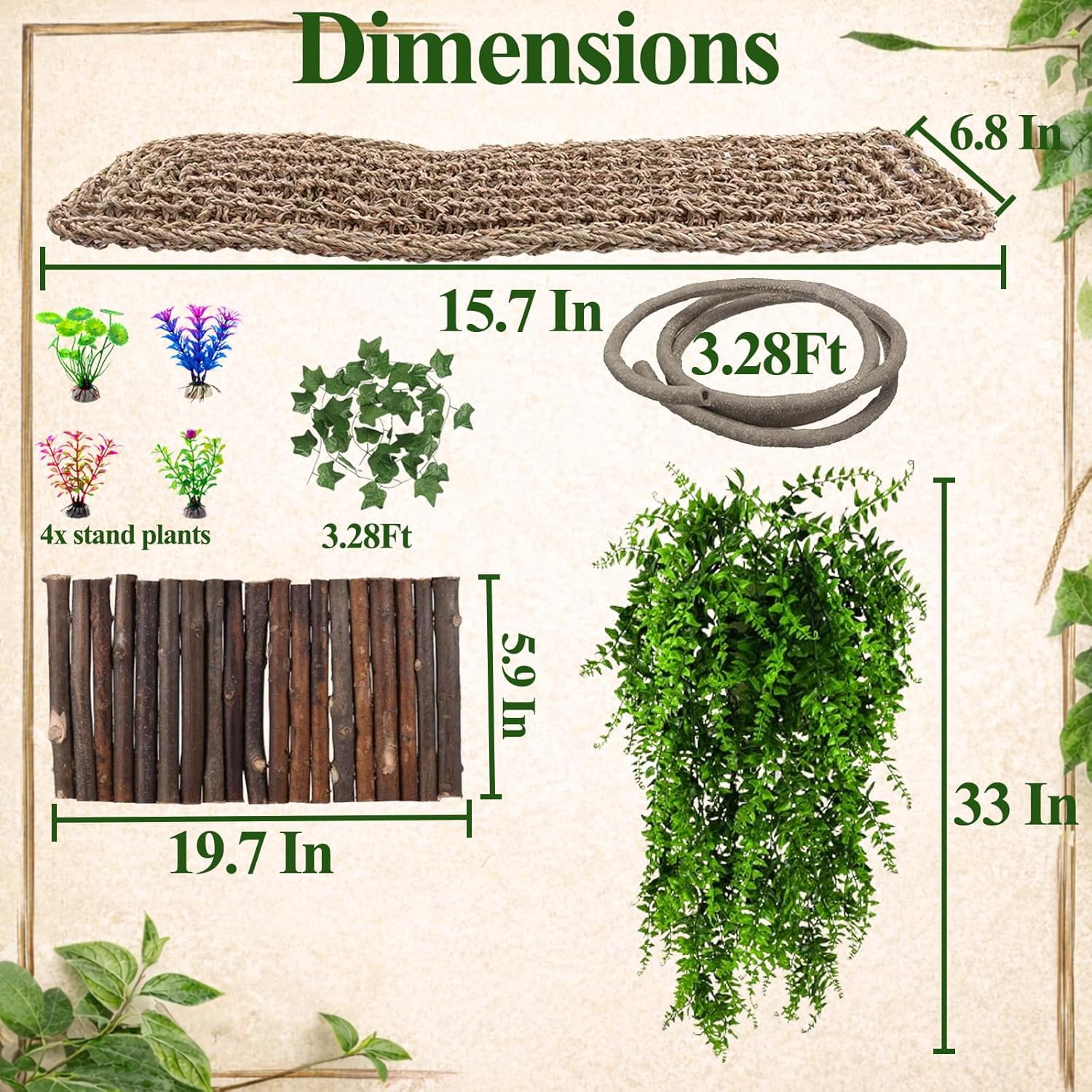 Bearded Dragon Tank Accessories, Large Reptile Bridge Hammock Flexible - Jungle Climbing Vines and Leaves with Suction Cups Habitat Décor for Hiding& Climbing Snake Gecko Lizard Chameleon