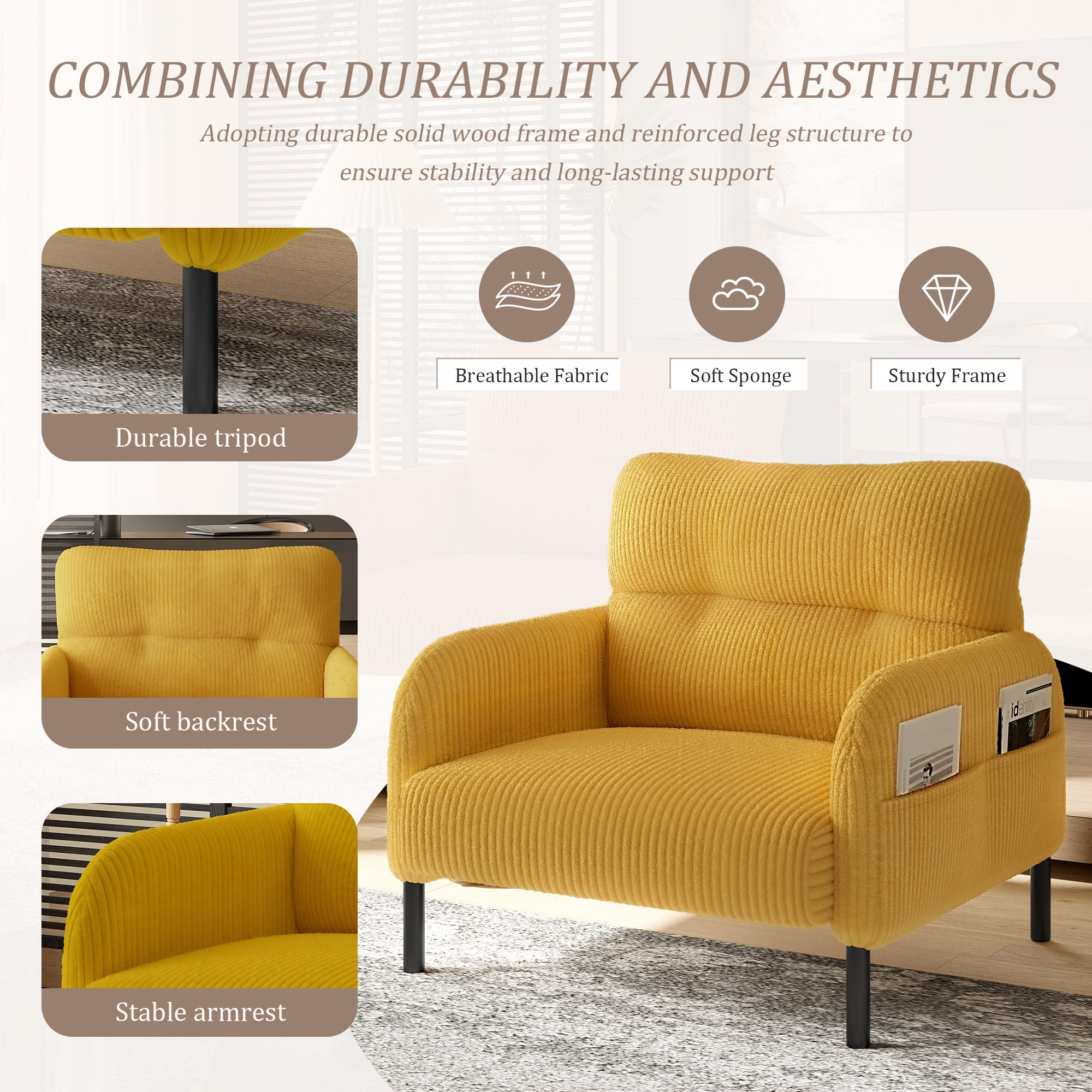Modern Accent Chair,Armchair,Corduroy Fabric Sofa Chairs,Upholstered Armchair for Living Room,Bedroom,Office,Yellow