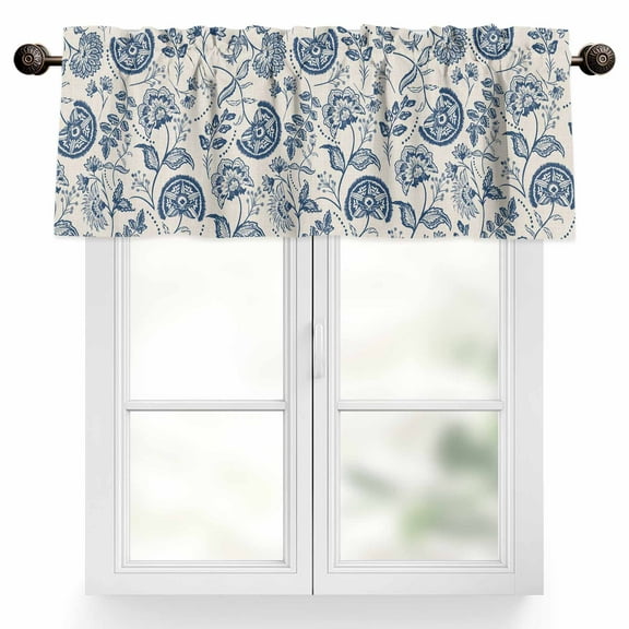 Farmhouse Navy Blue Floral Valances for Windows, 42 x 18in, Linen Boho Paisley Flower Rustic Rod Pocket Kitchen Valance Curtain Light Filtering Window Treatments for Living Room Bedroom, 1 Panel
