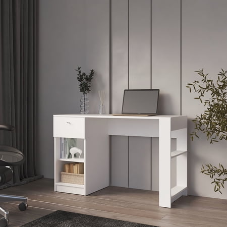 Rectangular White Computer Desk With Drawer And Functional Open Storage Spacious For Organized Work Area