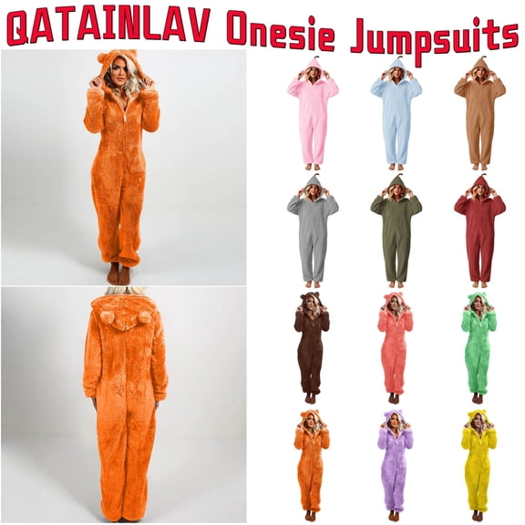 QATAINLAV Sherpa Jumpsuits for Women Fuzzy Onesies Pajamas Long Sleeve Adult Cat Ears Hooded Rompers Sleepwear Warm Plush One Piece Pants Army Green XL