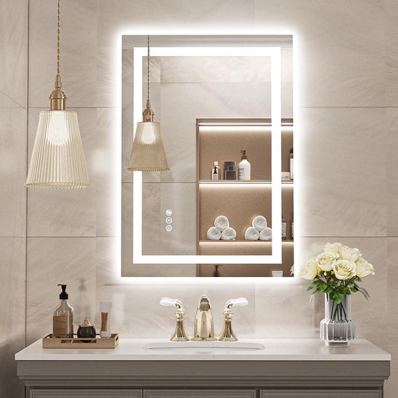 USHOWER 20"×28" LED Bathroom Mirror – Frameless, Anti-Fog, 3-Color Dimmable Backlit Light, Memory, Wall-Mount
