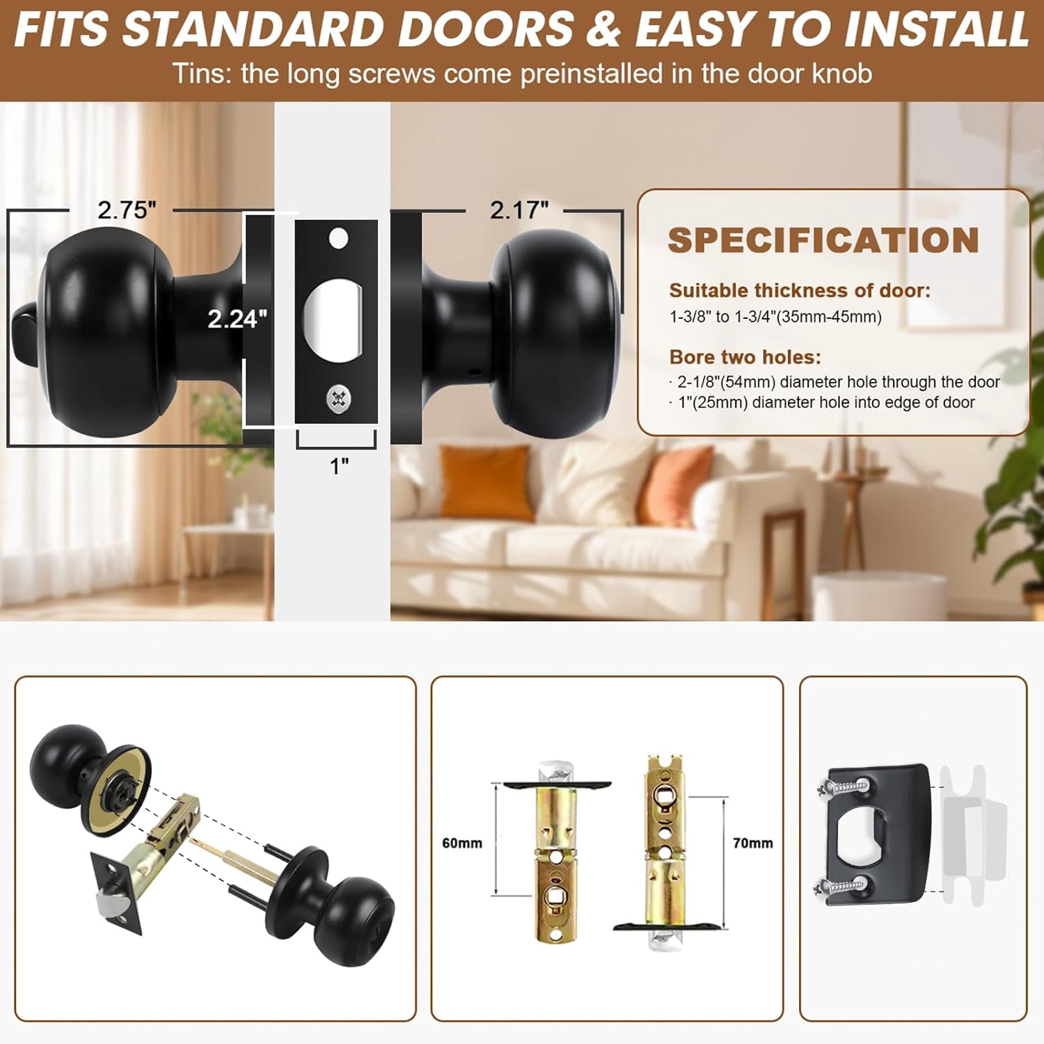 Privacy Door Knobs, 10 Pack Matte Black Door Knobs with Lock, Bed and Bath Door Knob Interior Keyless Locksets, Round Door Handles Reversible for Left Right Handed Doors