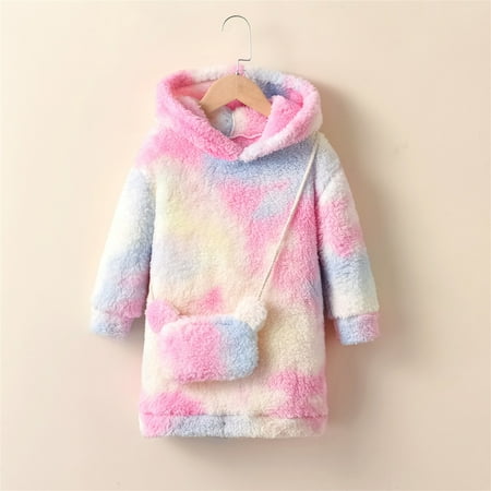 KkSLirnhs 7 Years Girls Dresses 10-12 Girls Dresses Size 6 Fashionable Girl s Plush Hooded Gradient Long Sleeved Dress with Crossbody Bag Casual Set Spring 2025 Pink