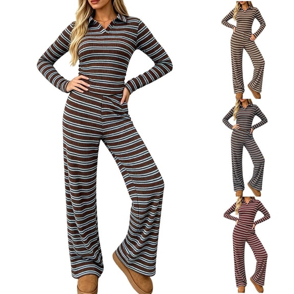 Lounge Sets for Women 2 Piece Outfits Striped Long Sleeve Lapel Top and Casual Wide Leg Pants Fall Trendy Two Piece Suit
