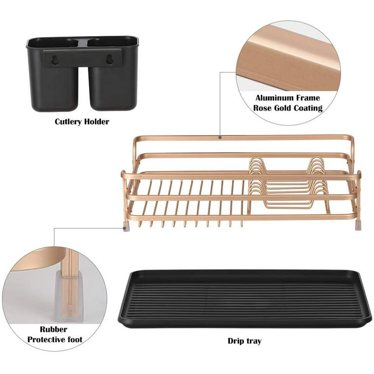 Haitral Dish Drying Rack, Compact Dish Rack With Cutlery Holder, Removable Drainer Tray, Gold 4H X 16W X 12D4H X 16W X 12D