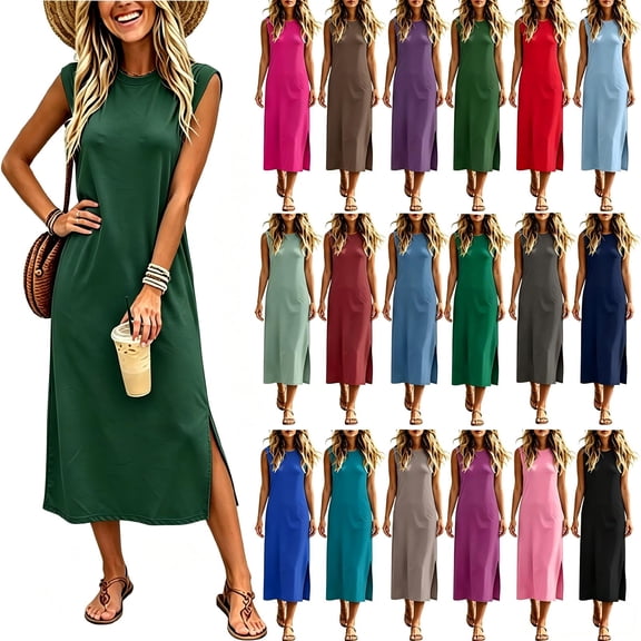 Tqcoqu Women's Crew Neck Sleeveless Midi Tank Dresses,Loose Split Hem Casual Long Dress with Side Pockets for Daily Wear,Army Green Women's S-XXL