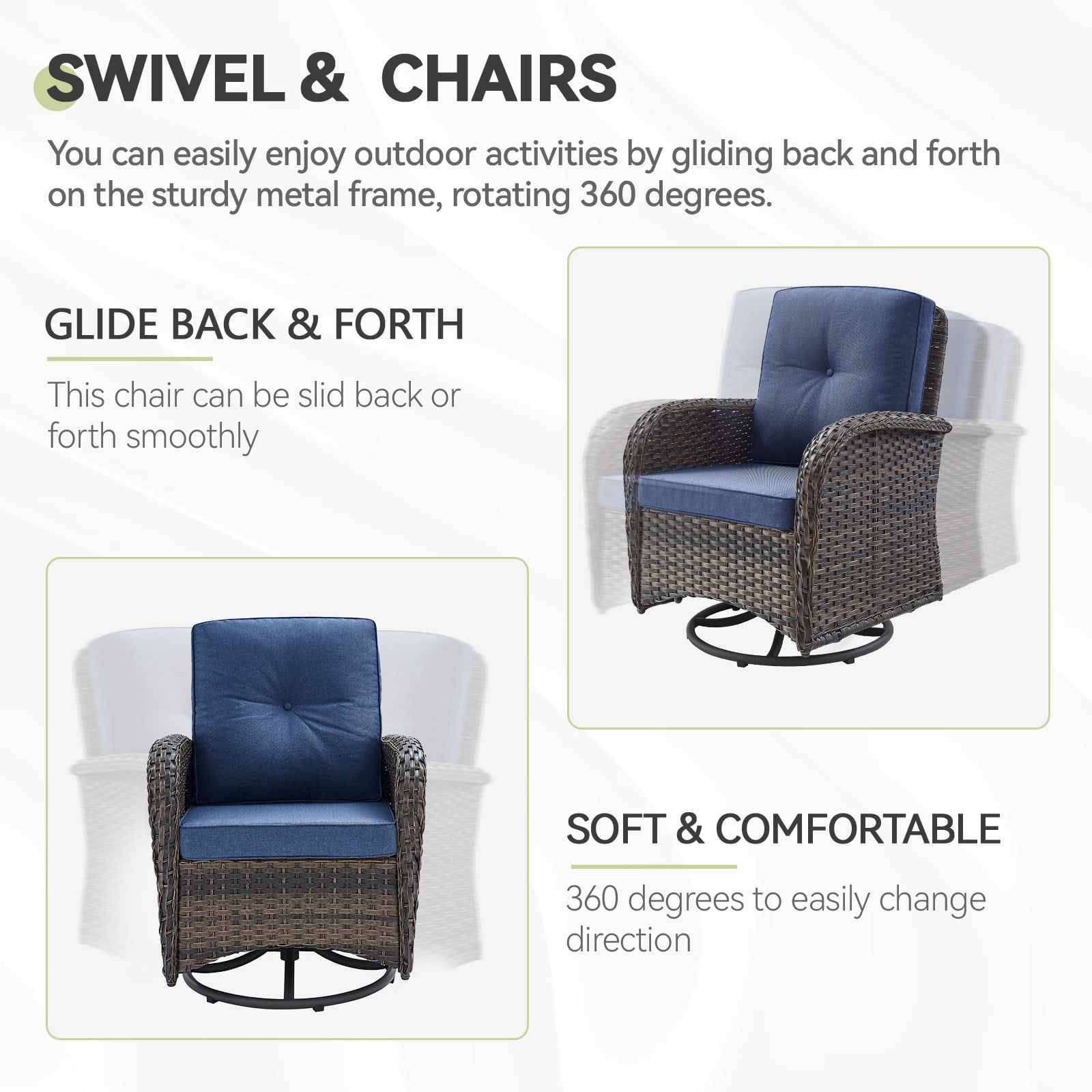 Planntonneo 3 Piece Wicker Patio Furniture Sets, Outdoor Swivel Rocking Chairs Set of 2 with Rattan Side Table for Deck Porch Pool, Brown/Blue