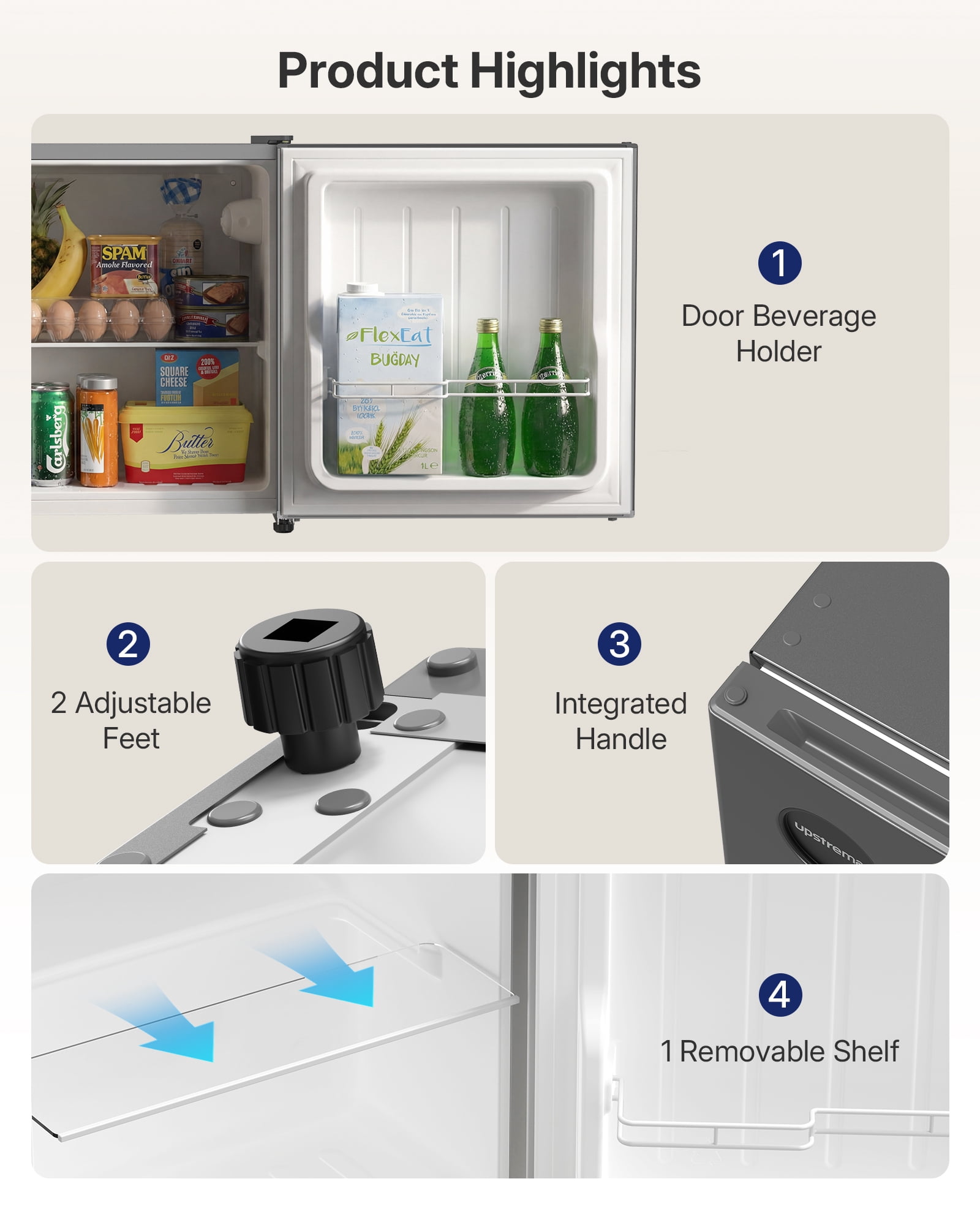 Upstreman 1.5 Cu.Ft Mini Fridge Without Freezer, Single Door Small Refrigerator No Freezer, Freezerless All-Refrigerator Cooler for Kitchen Office Bedroom Dorm, Gray CR16