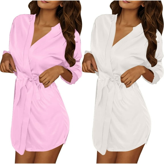 Tqyyweavej 2Pcs Women's Short Kimono Robe Lace Lightweight Sleepwear Soft Loungewear Casual Ladies Bathrobe Nightgown