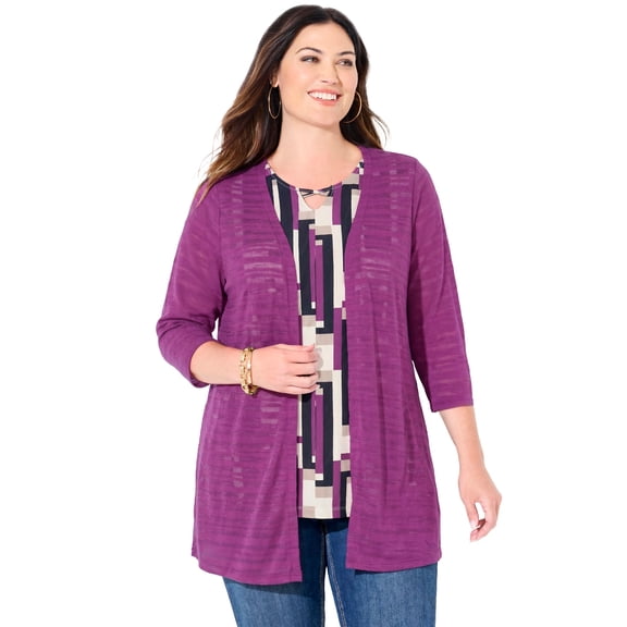 Catherines Women's Plus Size Petite Shadowstripe Burnout Cardigan