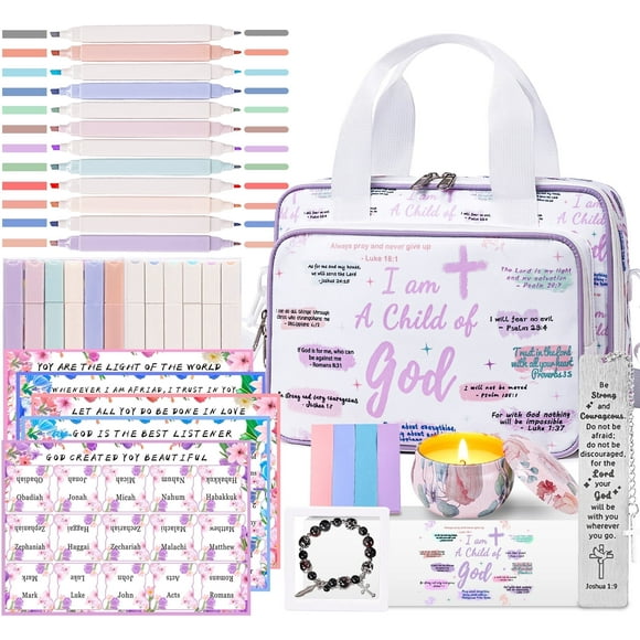 Large Bible Cover Bag Study Supplies Journaling Kit Christian Catholic Spiritual Gifts Accessories Bulk with Shoulder Strap, Tags, Stickers, Bracelets