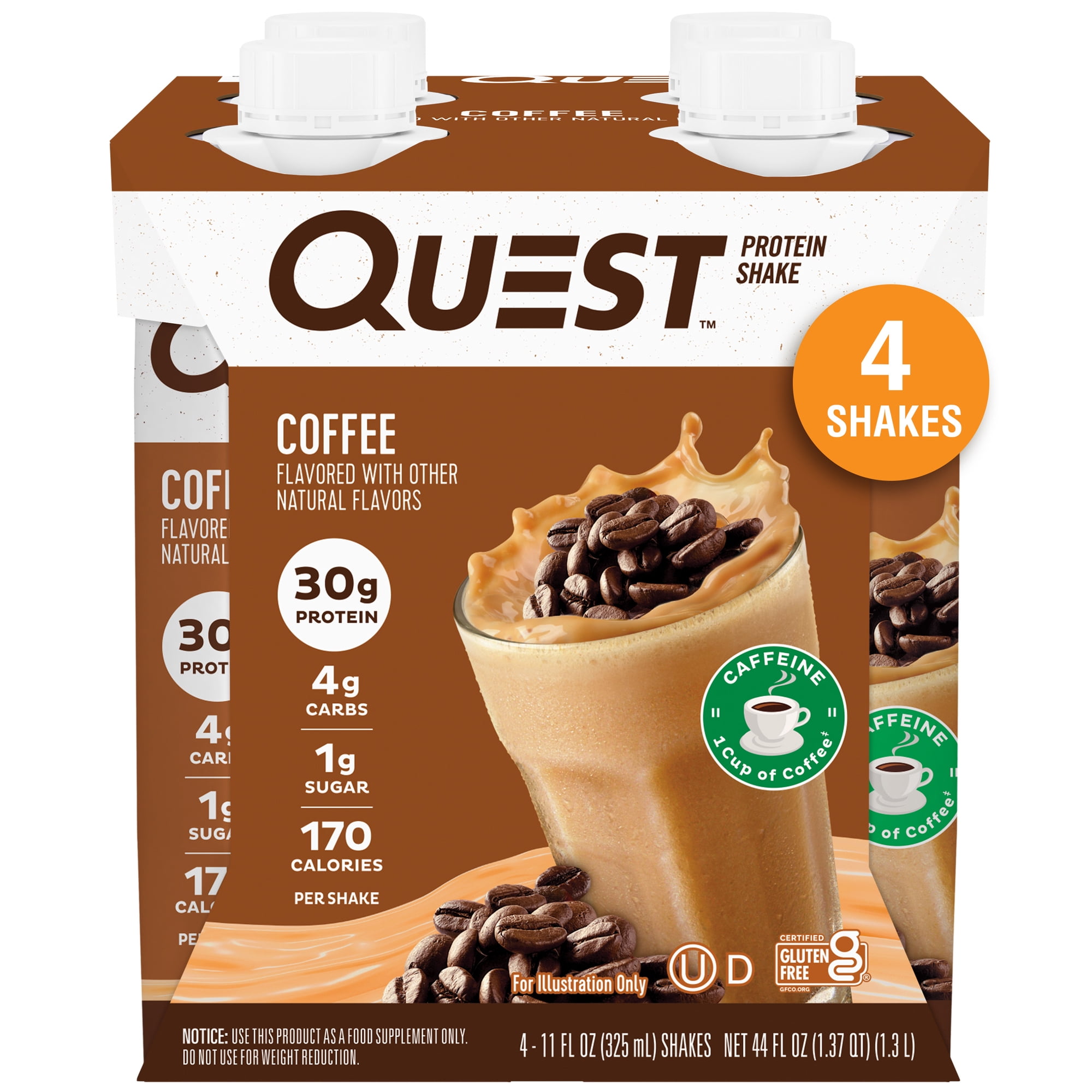 Quest Protein Shake, Gluten-Free, 30g Protein, Coffee, 11fl oz, 4 Count