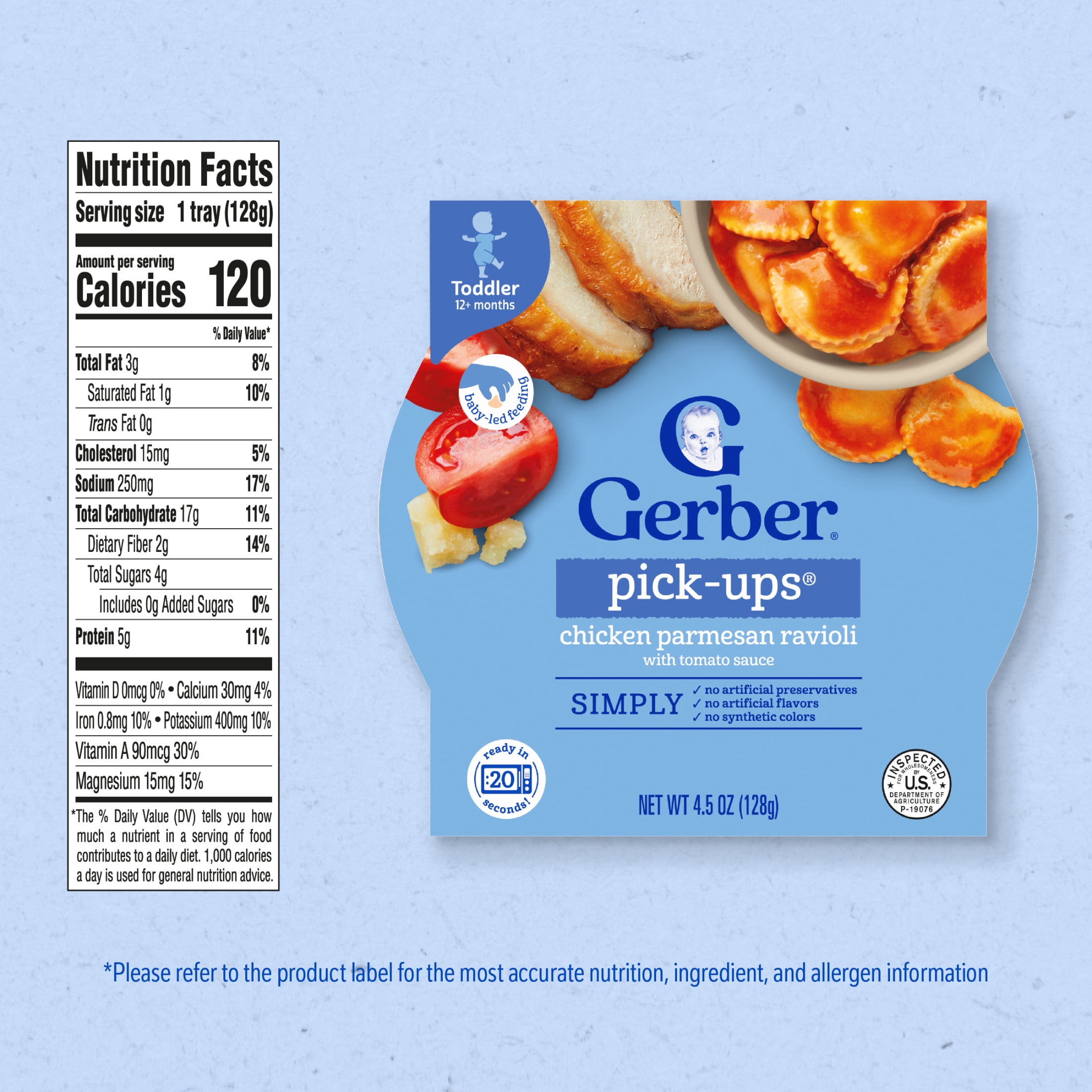 (4 pack) Gerber Pick-Ups Chicken and Parmesan Cheese Ravioli in Tomato Sauce Toddler Meals, 4.5 Oz Tray