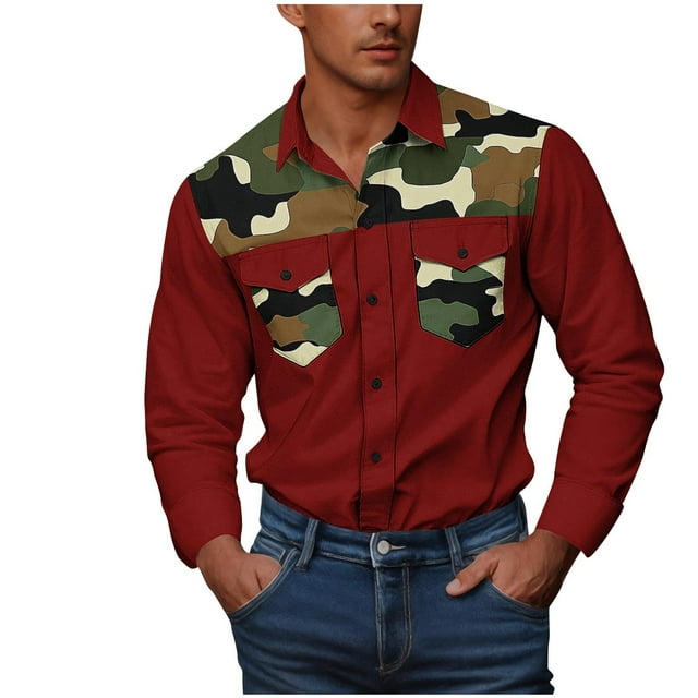 Chemises Longues pour Hommes Chemises avec Doubles Poches Hommes Décontracté Mode Bouton Camouflage Double Poches Imprimé Manches Longues Col Rabattu Chemise de Travail Chemises à Boutons pour Hommes Chemises Camouflage pour Hommes