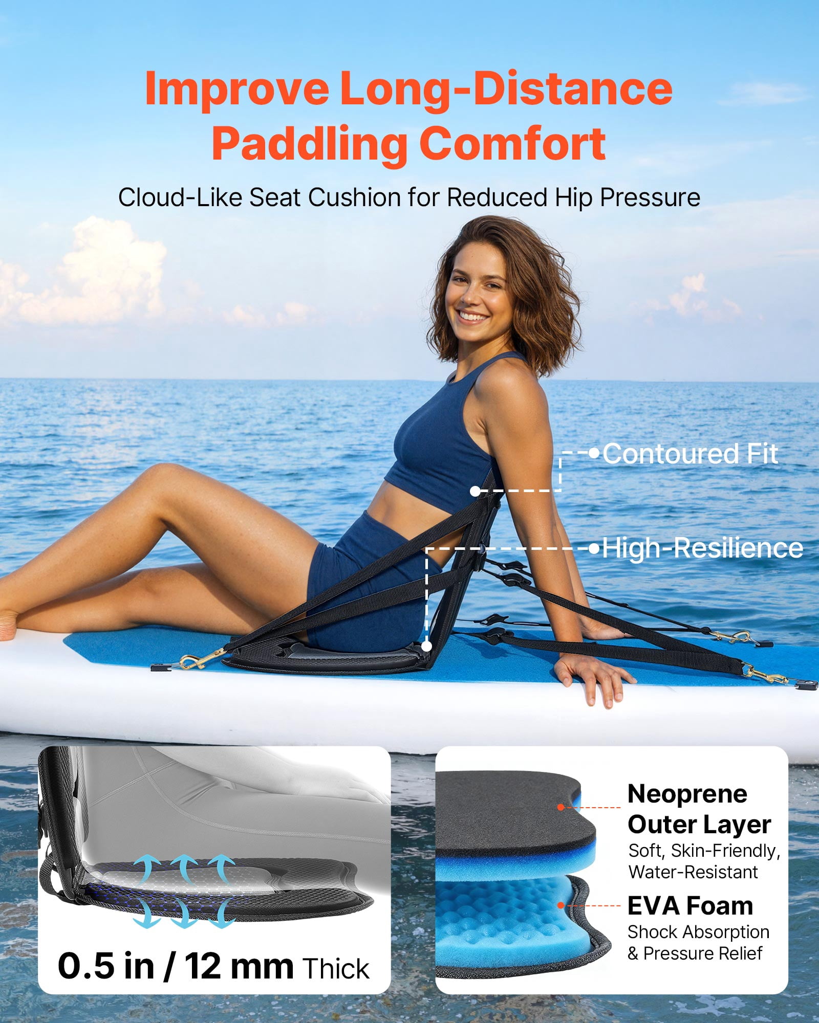 VEVOR Kayak Seat, 1 Pack 0.5" Thick, Universal Paddle Board Seat with Back Support, Sit-on-Top Soft Padded Cushion with Storage Bag & Adjustable Straps for SUP, Canoe, Fishing Boat, Inflatable Kayak