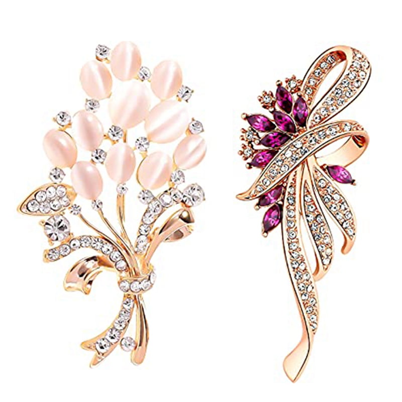 Brooches for Women 2 Rhinestone Brooch Pins Elegant Gold Crystal Floral ...