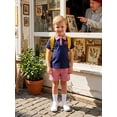 thumbnail image 4 of BemeyourBBs Toddler Baby Boy Back to School Outfit Kids Kindergarten Outfits Little Baby Boy Summer Clothes Short Sleeve Apple in Truck Embroidery Collar Shirt Tops with Plaid Pockets Shorts 2Pcs Set, 4 of 9