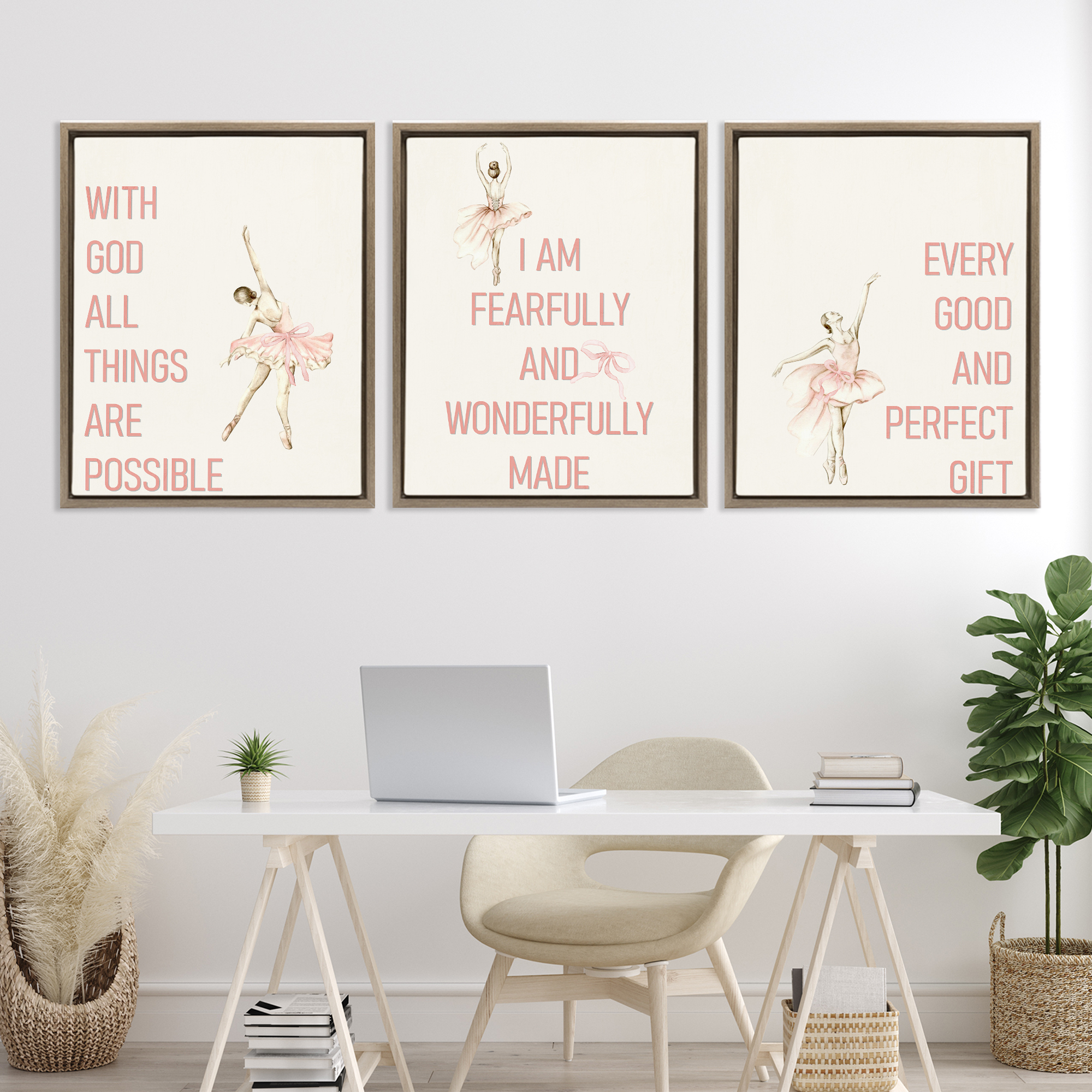 Faith Sentiments with Ballerinas 3 Piece Brown Framed Floater Canvas Set, design by Kim Allen