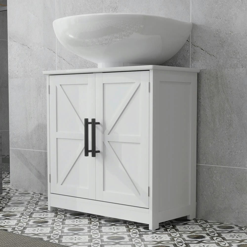 GVN Bathroom Storage Cabinet, Bathroom Floor Cabinet,Bathroom Sink Cabinet with 2 Barn Doors and Adjustable Shelf, White