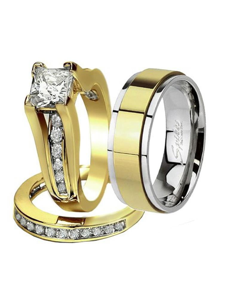 Stainless Steel 3pc Wedding Engagement Ring & Men's Band Set Marimor Jewelry His & Her 14K G.P 
