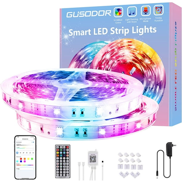 Gusodor Led Strip Lights 65.6 Feet Led Lights Music Sync Smart Rope Lights Color Changing Timing with 44 Key Remote App Control RGB Tape Light DIY