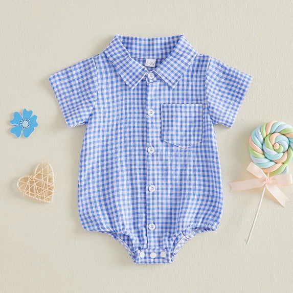 Hessimy Baby Boy Summer Clothes Romper Dress Plaid Outfit Newborn 3 6 12 18 Months Onesie Smocked Bodysuit Infant Outfit,Cute(Blue,0-3 Months)