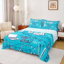 jejeloiu Math Theme Twin Sheet Sets,Mathematics Equation Geometric Twin Fitted Sheet,Blue White Flat Sheet For Boys Girls,Microfiber Bedroom Decor,3 Pieces