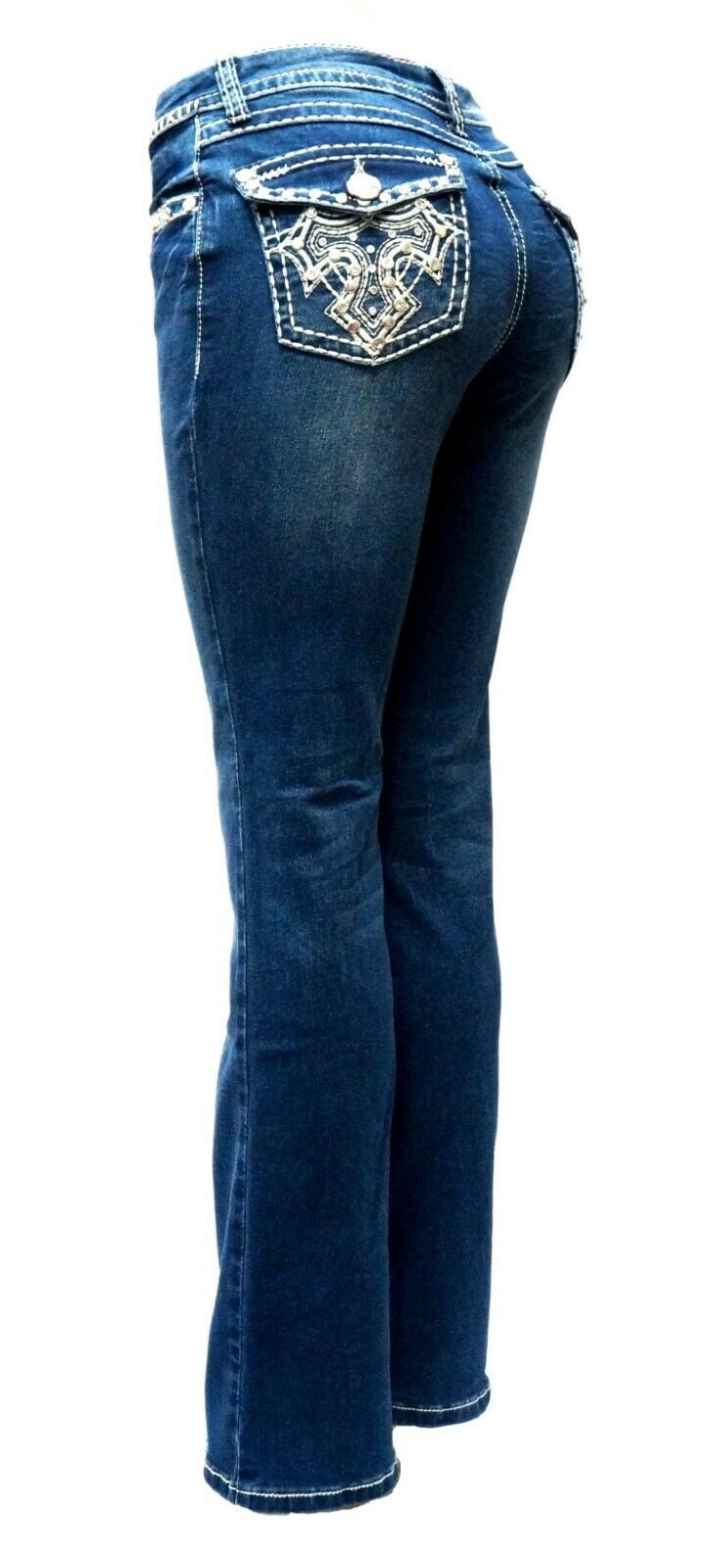 Jack David Rhinestone Studs Dark Wash Denim Flap Pocket Bootcut Jeans -  Walmart.com
