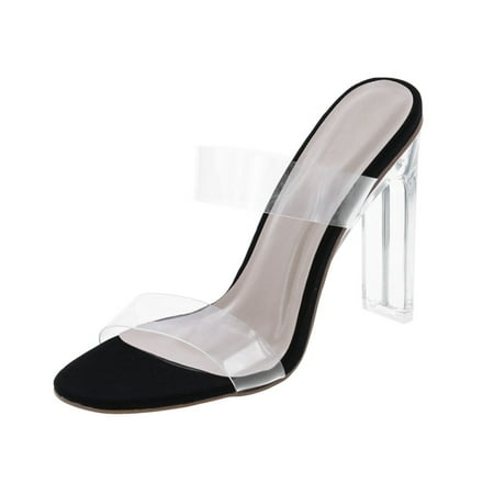 

Static Footwear Women s Clear Open Toe Chunky Heels Mules High Heels Slip on Slide Sandals Clear/Black NB 6.5