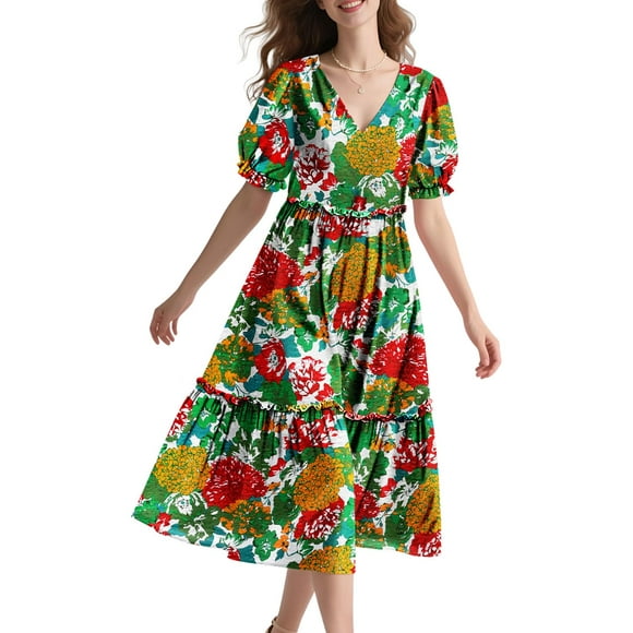 Vestido midi YESNO de verano con estampado floral con cuello en V y manga abullonada S EVX CR010