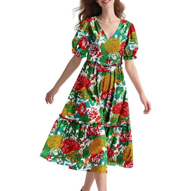 Vestido midi YESNO de verano con estampado floral con cuello en V y manga abullonada S EVX CR010