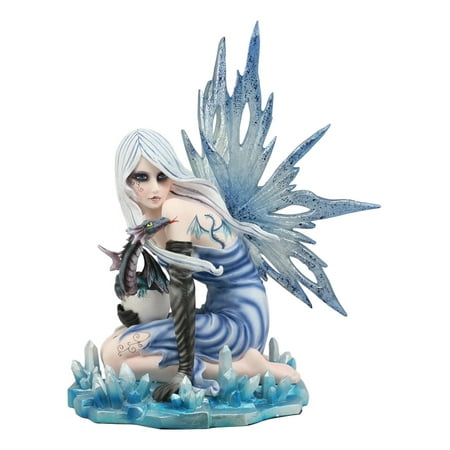 Silver Gothic Dragon - Ebros Elemental Ice Goddess Blue Gothic Fairy With Baby Dragon Hatchling Statue 12.25