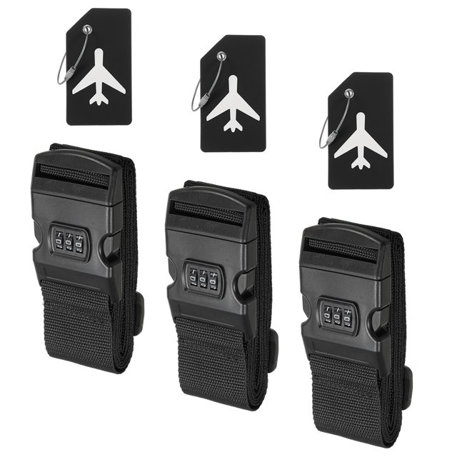 Unique Bargains Luggage Strap with Combination Lock Luggage Tag and Loop 78'x2', 3 Set Adjustable Suitcase Belt, Black
