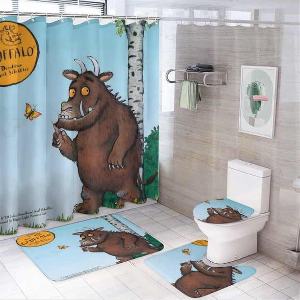 Gruffalo-theme 4-Piece Shower Curtain Set with Rugs, Waterproof Bathroom Decor Set Includes Bath Mat, U-Shaped Rug, Toilet Lid Cover and Curtain with Hooks