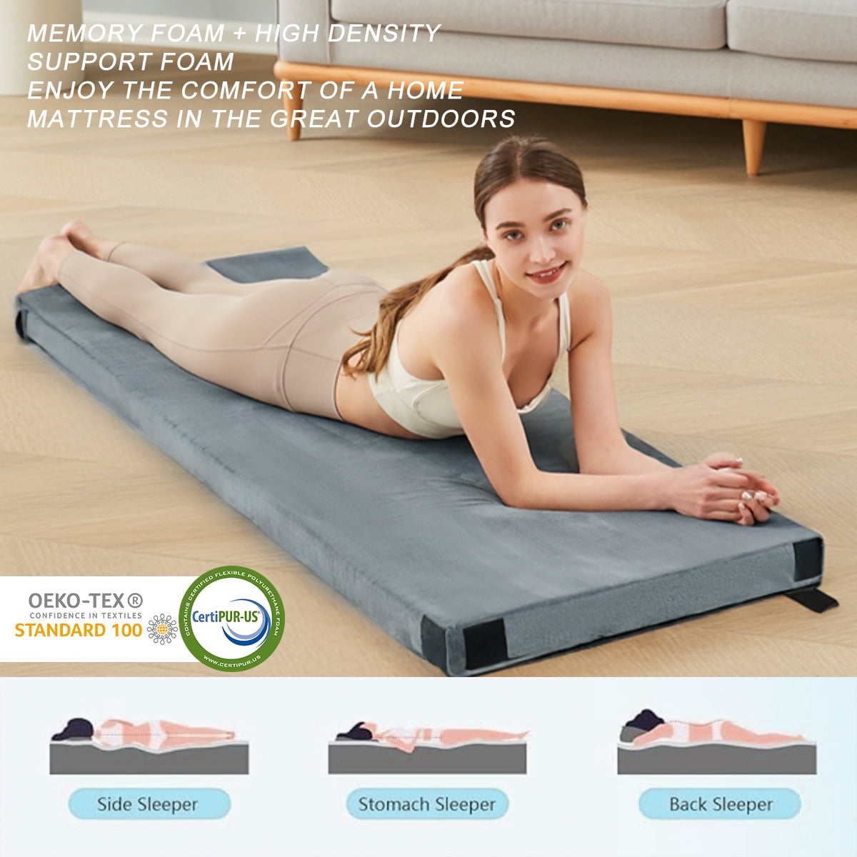L'AGRATY 3" Memory Foam Camping Mattress Pad, Portable Sleeping Pad for Adult, Waterproof Roll Up Mattress for Travel Truck Bed Tent, Car Bed with Travel Bag, Small Single, Grey