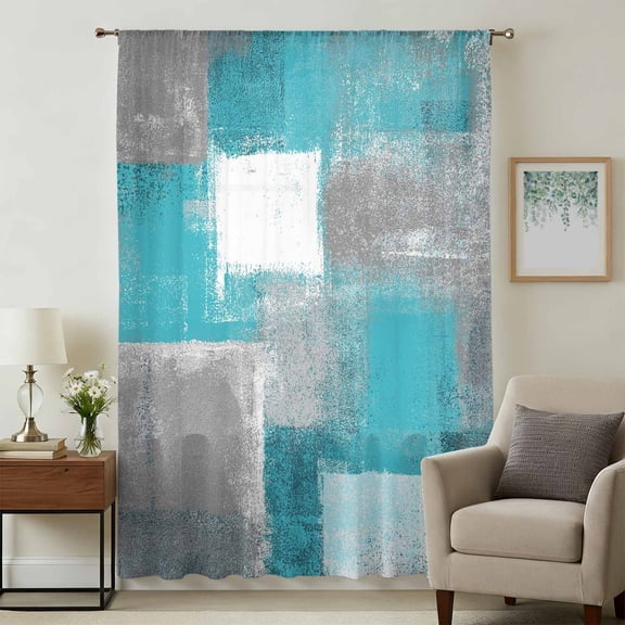 Turquoise Grey Ombre Sheer Curtains 84 Inches Long, Abstract Vintage Oil Painting Light Filering Curtains, Breathable Simi Curtain Privacy Drapes for Living Room Bedroom Lightweight Window Treatment